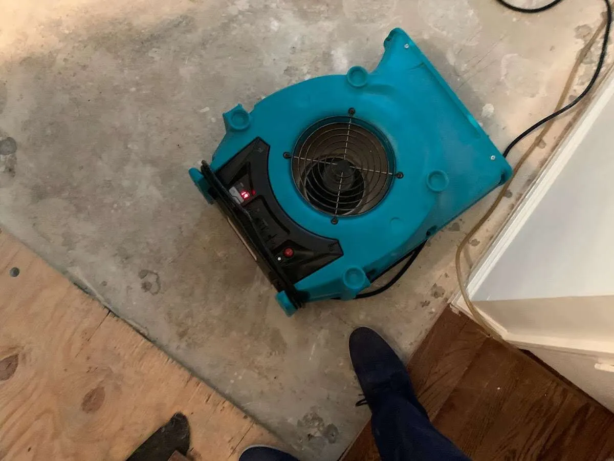 Air mover drying subfloor during Commercial Water Damage Restoration in Allegan